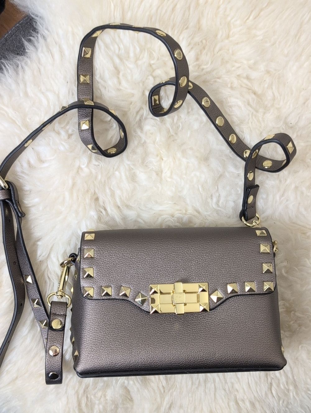 Taupe Studded Crossbody Bag | Gold Hardware | Rock Chic Style